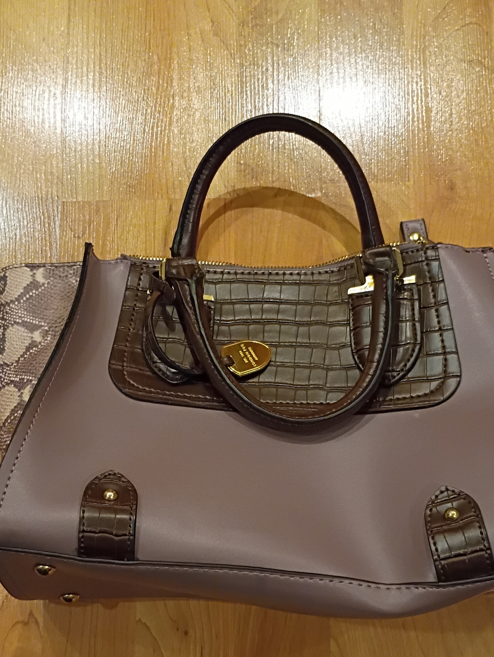 London Fog Two-Tone Brown Taupe Satchel with Croc-Texture Trim